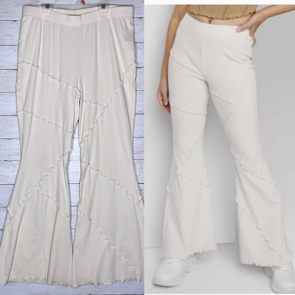 wild fable Cream Ribbed Flare Pants with Lettuce Seam Detail